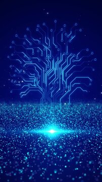 Growing digital ai circuit tree animation with glowing electric lines