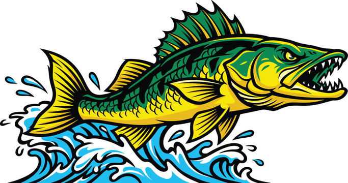 Angry walleye fish mascot vector illustration jumping out of water waves for fishing tournaments and team logos