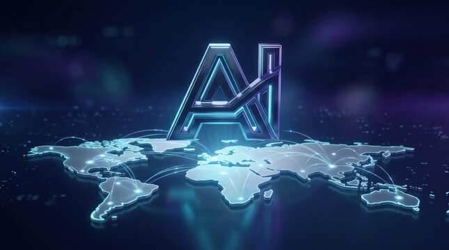 Glowing 3D AI letters above a digital world map with connection lines, representing artificial intelligence, global technology adoption and data driven transformation