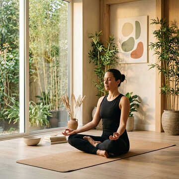 A woman in black activewear meditates peacefully on a yoga mat in a sunlit room.