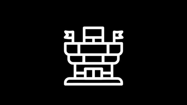 Animated white icon of a tower with flags on a black background