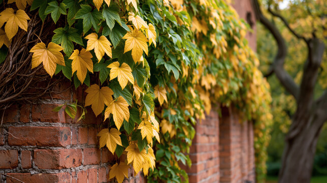 Ivy plant with green and yellow leaves climbing a red brick wall in autumn
