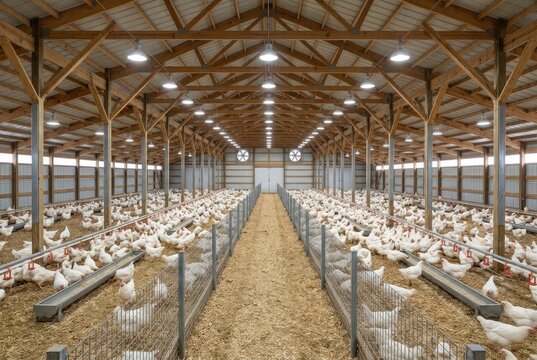 An expansive poultry farm barn filled with numerous white chickens.