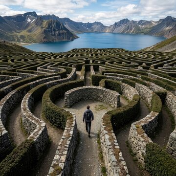 A lone figure walks through a complex hedge maze with a serene lake and majestic mountains in the background.