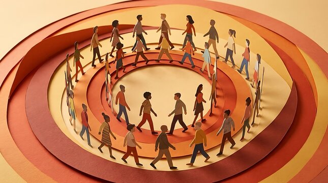 Diverse group of people walking in a circle on abstract paper layers
