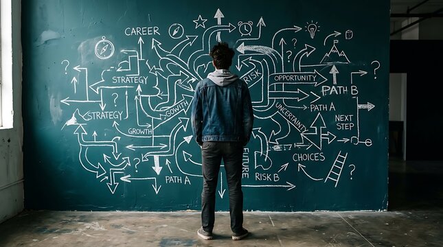 Young man standing in front of a green chalkboard with complex business strategy and decision making flow chart diagrams
