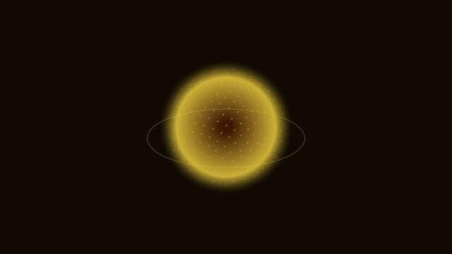 Abstract glowing yellow sphere with ring and dots on dark background