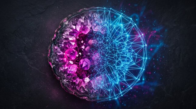 Purple amethyst geode crystal merging into digital blue wireframe hologram on black slate.