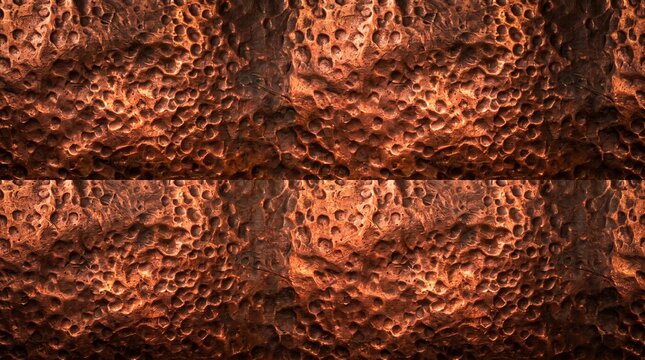 Hammered copper texture with dimples for industrial metal backgrounds.