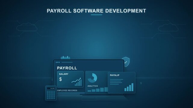 Digital payroll software development concept displaying financial data and analytics on screens.