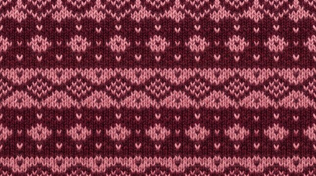 Knitted fabric pattern with maroon and pink wool yarn featuring traditional winter motifs.