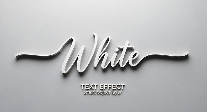 Clean 3D "White" text effect in elegant cursive font on gray background