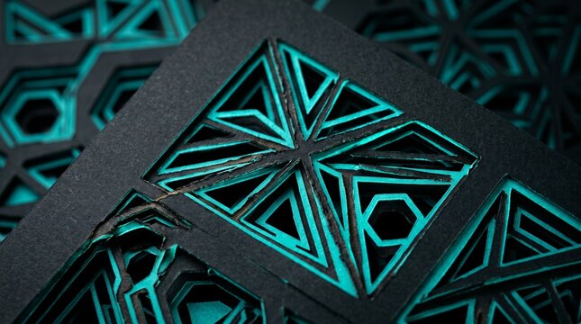Laser cut black paper panels featuring intricate geometric designs with teal glowing light.