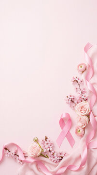 Pink breast cancer awareness ribbon with roses, cherry blossoms, and flowing satin ribbons on a soft pastel background floral arrangement