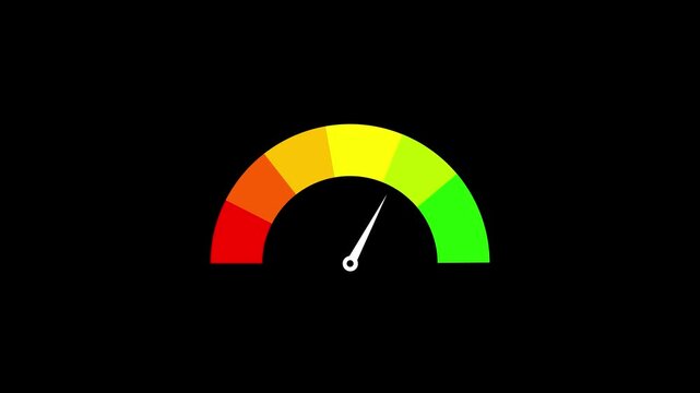 Meter gauge level indicator isolated on black background. Colorful Speedometer or Tachometer Motion Progress on a transparent background alpha channel at zero credit score rating scale 4k video.