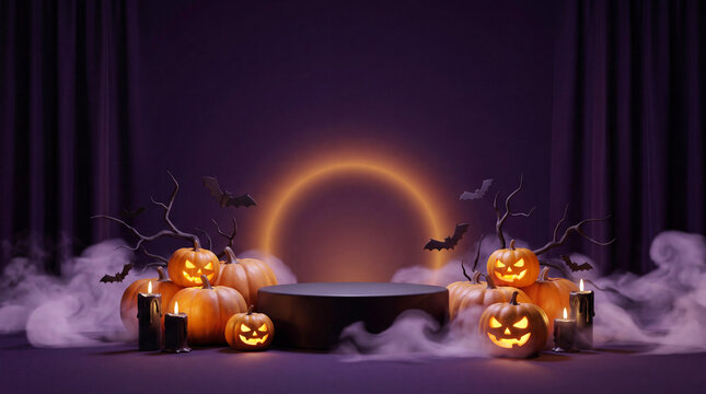 Halloween promotional podium with glowing carved pumpkins, bats, candles, fog, and purple drapery in a theatrical studio setting