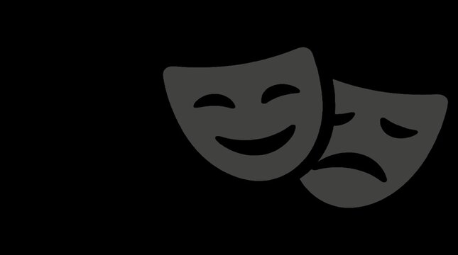 Comedy and tragedy theater masks on black background with drama masks