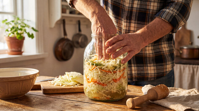 Man prepares fermented vegetables in a glass jar, hands pressing down on cabbage and carrots in a rustic kitchen setting