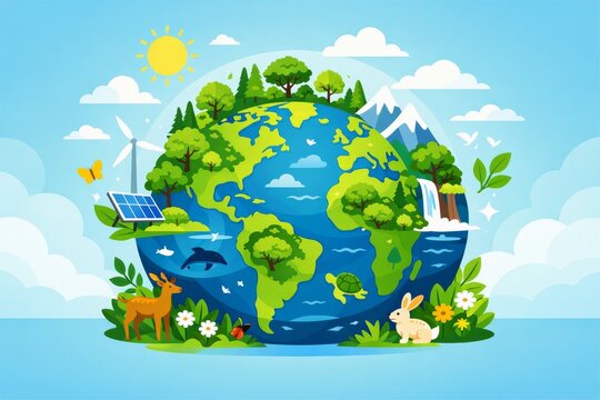 Green earth globe with trees animals and renewable energy icons for environmental conservation poster background and eco banner