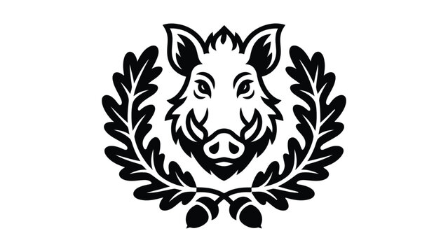 wild boar head emblem with laurel wreath heraldic animal mascot black vector illustration isolated on white background for logo branding design