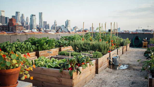 Thriving rooftop garden bursting with fresh vegetables and herbs overlooking a city skyline, promoting sustainable urban agriculture and green living initiatives