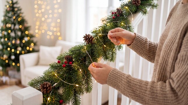 Woman decorating staircase with evergreen garland, pinecones, red berries, and glowing lights in a bright festive home interior