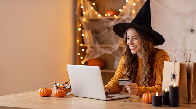 Woman in witch hat shopping online with laptop and credit card beside pumpkins and Halloween decorations at festive home table