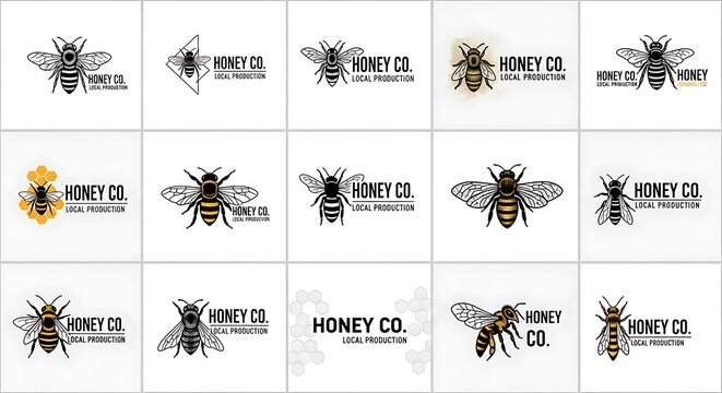Collection of diverse bee logos for Honey Co. local production branding
