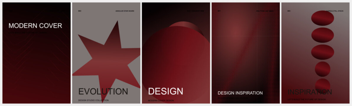 Minimalist Dark Red Cover Design Set, Abstract Modern Poster Templates, Geometric Brochure Layout Vector
