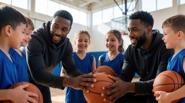 Black male coaches teach basketball to diverse group of happy kids in gym. Young players hold balls, listen to mentors during sports training. Teamwork, physical education session for elementary