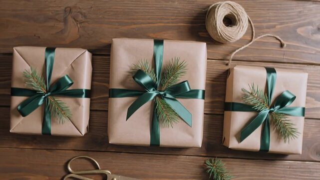 Christmas gift wrapping concept presents with green ribbons and pine branches on rustic wooden table overhead view of holiday preparation process