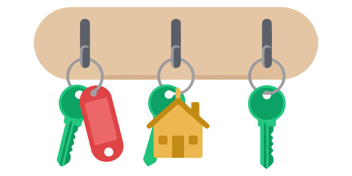 Wooden key holder rack with house keys, wall mounted key hanger board, real estate home security concept vector illustration