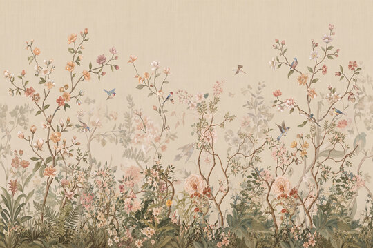 Vintage Chinoiserie Floral Wallpaper Mural with Blooming Trees, Garden Flowers, and Birds on Beige Background
