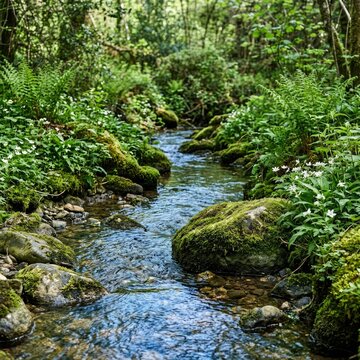 A babbling brook winds through a lush, green forest with moss-covered rocks and white wildflowers.
