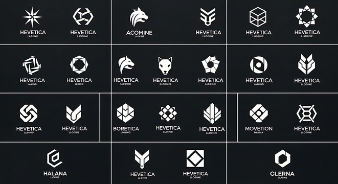 Collection of diverse modern abstract geometric and animal logos on dark background