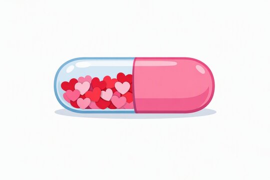 Pink capsule filled with small heart shapes love pill illustration for valentines banner and romantic design background wallpaper