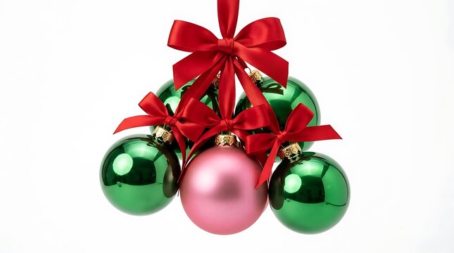 Cluster of green and pink christmas baubles tied together with red ribbon bows