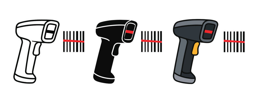 Set of barcode scanners in outline silhouette and colored vector styles
