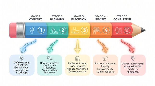 Five stage project management infographic pencil timeline with icons