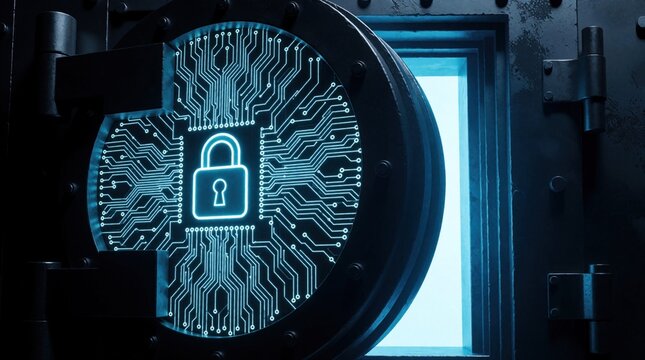 Digital data security concept with glowing padlock icon on circuit board pattern. Metal vault door opens to bright blue light secure information storage. Cyber protection system guards private