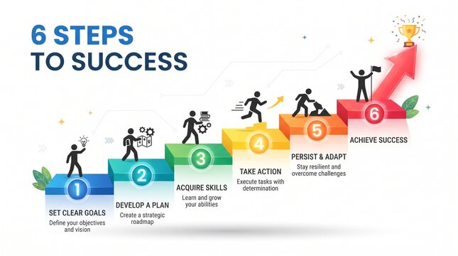 Six steps to success infographic showing business growth and achievement