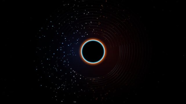 Abstract cosmic black hole visualization, glowing eclipse sphere with particle dust ring, futuristic space gravity well background