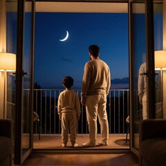 Obraz premium Father, young son stand on modern apartment balcony at night. Watch crescent moon in dark blue twilight sky. Family looks at moon from home terrace for Islamic Hijri New Year celebration. Back view