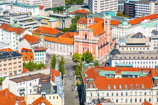 Aerial view of Franciscan Church of the Annunciation on Tromostovje in Ljubljana, Slovenia 