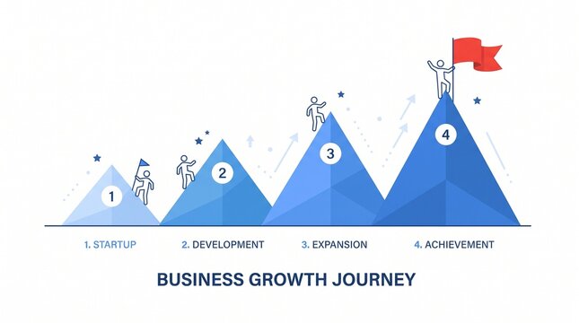 Business growth journey infographic with stick figures climbing mountains