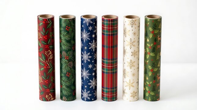 Set of six colorful christmas patterned wrapping paper rolls standing upright