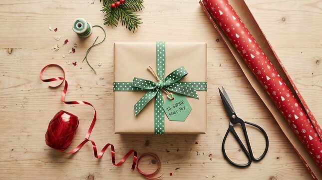 Christmas gift box wrapped in brown paper with a green patterned ribbon bow