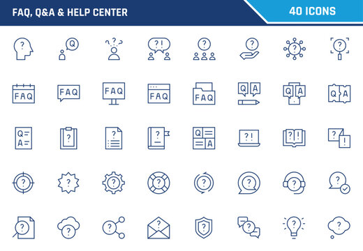 Comprehensive set of blue vector icons featuring frequently asked questions and answers and help center themes