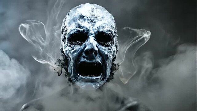 Ghostly human face emerging from dense black smoke, hollow eyes and an open mouth forming a silent scream while facial features dissolve into mist, Hallowe