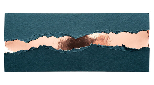 Dark blue torn paper banner with a metallic rose gold foil center